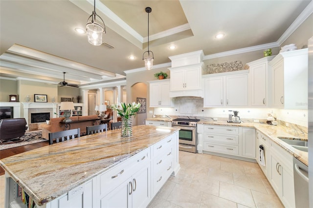 kitchen with appliances with stainless steel finishes, a raised ceiling, a ceiling fan, a kitchen island, and ornamental molding