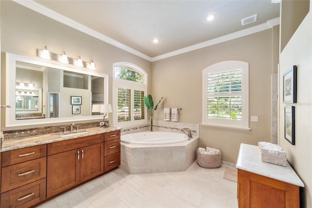 bathroom with a bath, ornamental molding, vanity, recessed lighting, and tile patterned flooring
