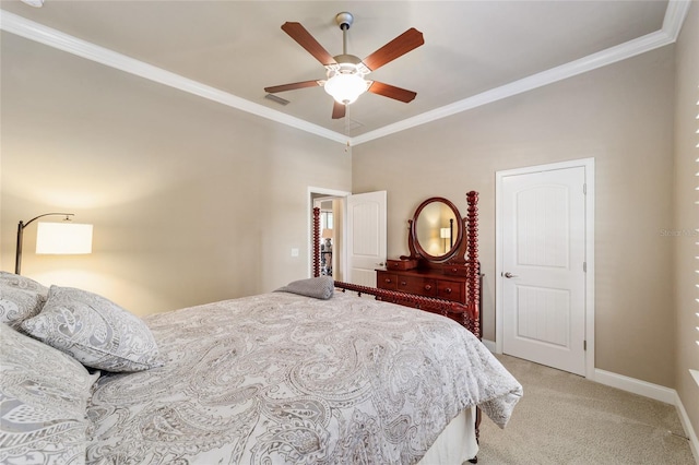 bedroom featuring light carpet, crown molding, baseboards, and ceiling fan