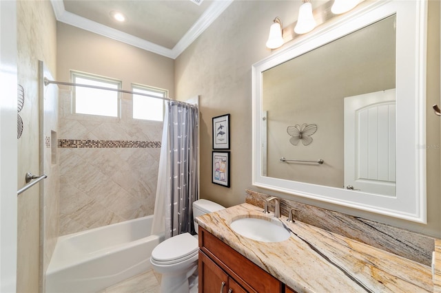 bathroom with ornamental molding, toilet, vanity, and shower / bath combination with curtain