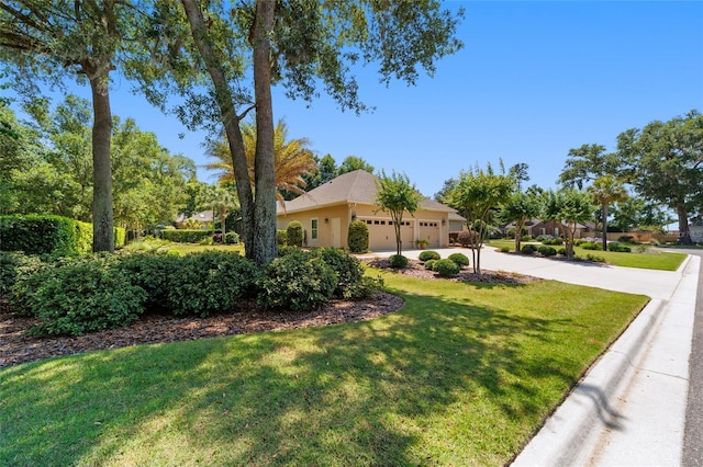view of front facade featuring a front lawn, an attached garage, and driveway