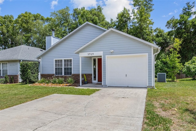 ranch-style home featuring concrete driveway, central air condition unit, a front lawn, and a garage