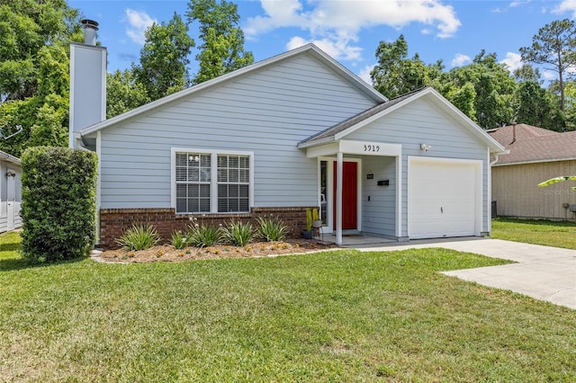 ranch-style home with concrete driveway, an attached garage, a chimney, and brick siding