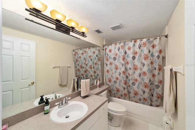 bathroom featuring shower / tub combo, toilet, visible vents, and vanity