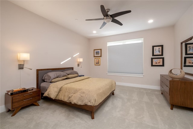 carpeted bedroom featuring baseboards, recessed lighting, and a ceiling fan
