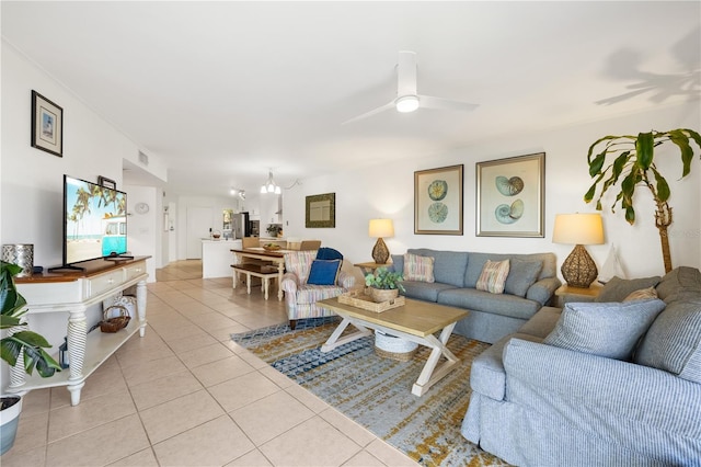 205 Pacifica Vista Way Unit 205, Saint Augustine, FL 32080 - living room featuring light tile patterned floors, visible vents, and ceiling fan