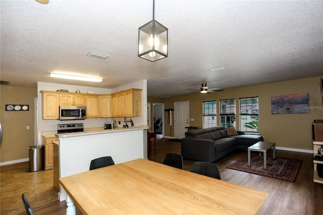 dining room featuring baseboards, a textured ceiling, ceiling fan, and wood finished floors