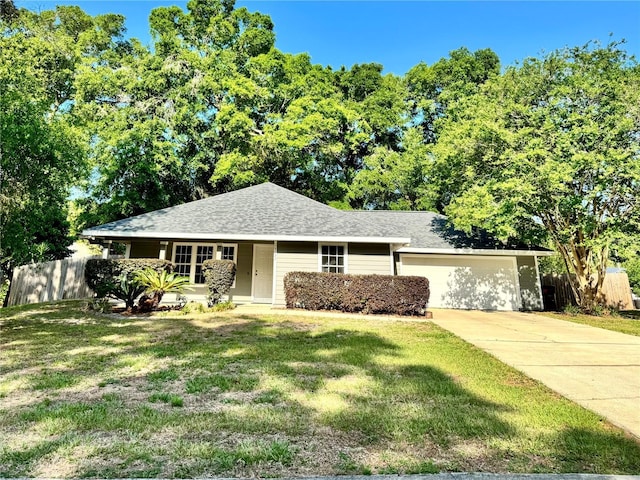 ranch-style home with concrete driveway and roof with shingles