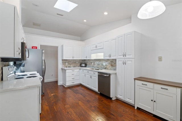 9505 NW 4th Pl, Gainesville, FL 32607 - kitchen with vaulted ceiling with skylight, range with electric stovetop, decorative backsplash, light countertops, and stainless steel dishwasher