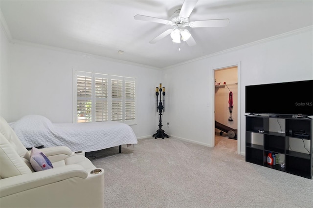 9505 NW 4th Pl, Gainesville, FL 32607 - carpeted bedroom with crown molding, a walk in closet, baseboards, and ceiling fan
