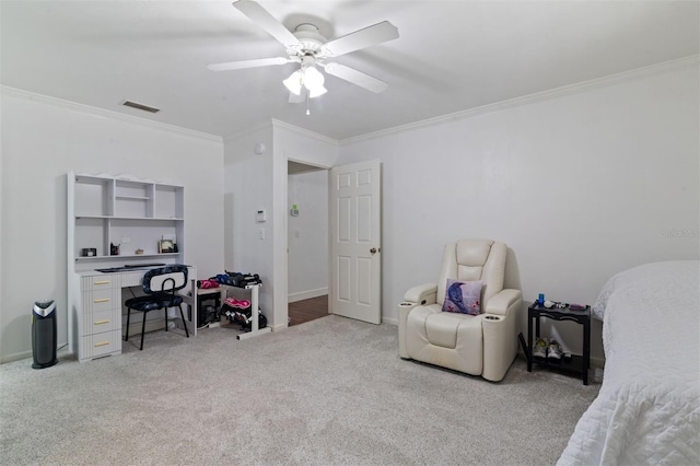 9505 NW 4th Pl, Gainesville, FL 32607 - interior space with ornamental molding, carpet, visible vents, ceiling fan, and baseboards