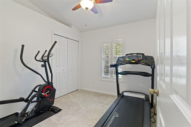 9505 NW 4th Pl, Gainesville, FL 32607 - workout room with ceiling fan, lofted ceiling, carpet flooring, and baseboards