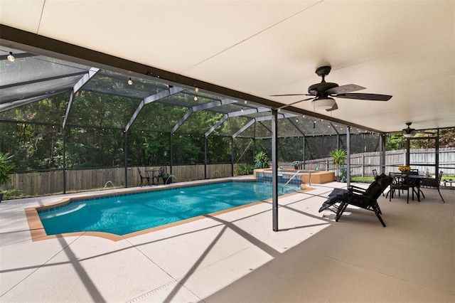 9505 NW 4th Pl, Gainesville, FL 32607 - view of pool featuring a patio area, a fenced backyard, ceiling fan, a fenced in pool, and an in ground hot tub