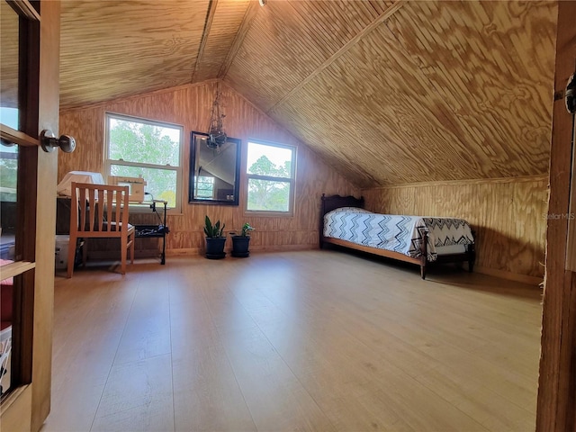9150 SW 151st Ln, Archer, FL 32618 - bedroom with wooden ceiling, hardwood / wood-style floors, wooden walls, and lofted ceiling