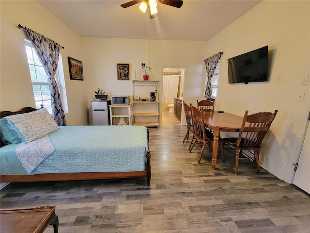 9150 SW 151st Ln, Archer, FL 32618 - bedroom with wood finished floors, multiple windows, ensuite bathroom, and ceiling fan
