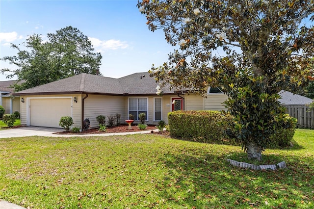 ranch-style home featuring roof with shingles, fence, concrete driveway, a garage, and a front lawn