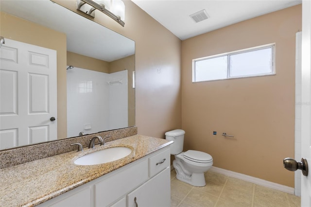 full bath featuring toilet, tile patterned floors, visible vents, walk in shower, and vanity