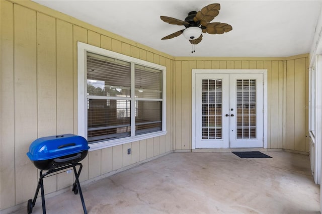 view of patio / terrace featuring grilling area, french doors, and a ceiling fan