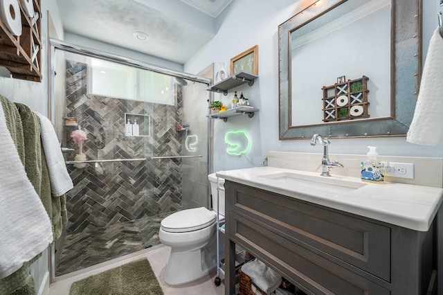 2734 SW 105th St, Gainesville, FL 32608 - full bath with a shower stall, toilet, vanity, and crown molding