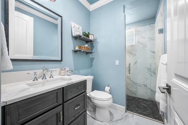 2734 SW 105th St, Gainesville, FL 32608 - bathroom with marble look tile flooring, a marble finish shower, toilet, vanity, and baseboards