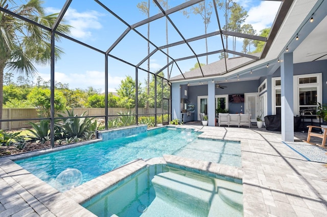 2734 SW 105th St, Gainesville, FL 32608 - view of swimming pool with ceiling fan, a pool with connected hot tub, and fence
