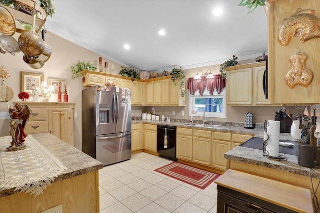 207 SW Rose Ln, Fort White, FL 32038 - kitchen featuring stainless steel fridge, dishwasher, crown molding, a sink, and light brown cabinets