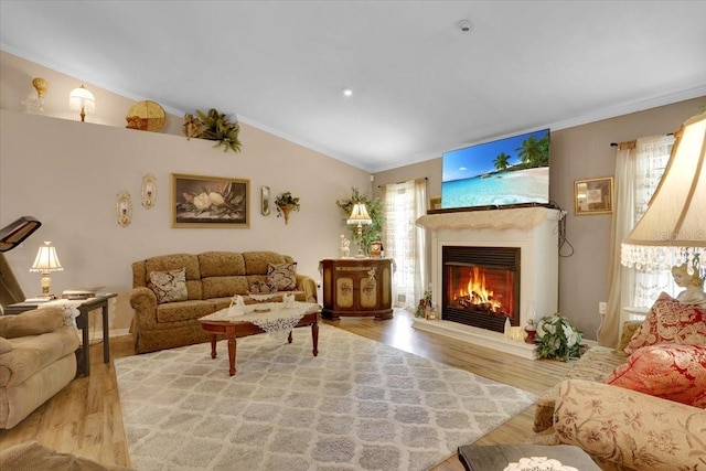207 SW Rose Ln, Fort White, FL 32038 - living area with a glass covered fireplace, wood finished floors, ornamental molding, and lofted ceiling