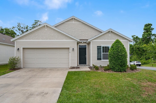 single story home featuring concrete driveway, an attached garage, and a front lawn