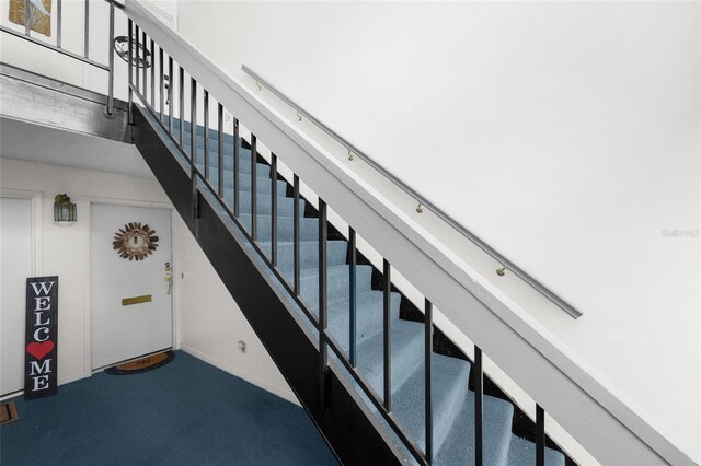 staircase featuring carpet flooring