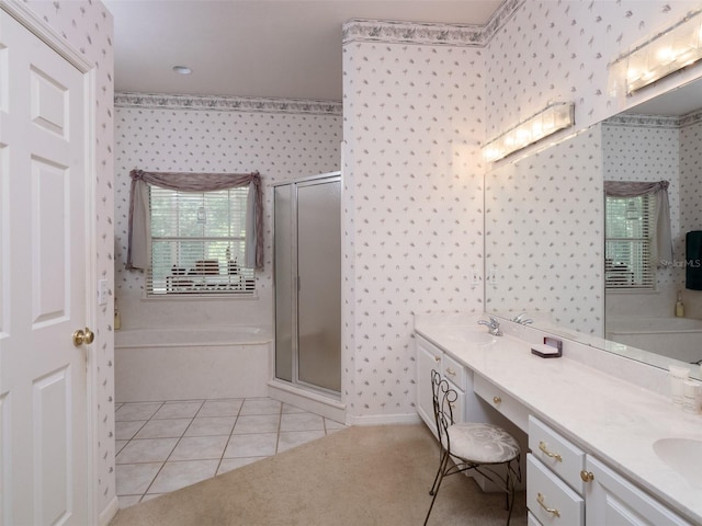 10712 SW 12th Ter, Micanopy, FL 32667 - full bathroom with wallpapered walls, a shower stall, a bath, double vanity, and tile patterned flooring