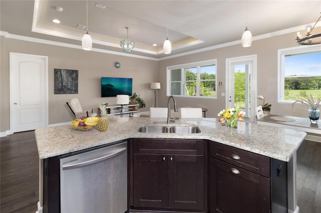 6243 SW 46th Dr, Gainesville, FL 32608 - kitchen featuring dishwasher, a sink, a tray ceiling, open floor plan, and healthy amount of natural light