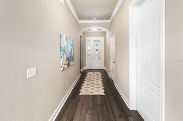 6243 SW 46th Dr, Gainesville, FL 32608 - entryway with arched walkways, dark wood-style flooring, ornamental molding, and baseboards