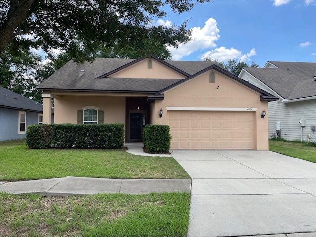 8216 NW 54th St, Gainesville, FL 32653 - ranch-style house featuring stucco siding, an attached garage, a front yard, concrete driveway, and a shingled roof