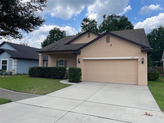 8216 NW 54th St, Gainesville, FL 32653 - single story home with stucco siding, concrete driveway, a front yard, an attached garage, and a shingled roof