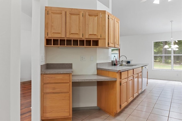 kitchen featuring a sink, dishwasher, light tile patterned flooring, pendant lighting, and open shelves