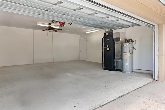 garage featuring electric water heater, heating unit, ceiling fan, and a garage door opener
