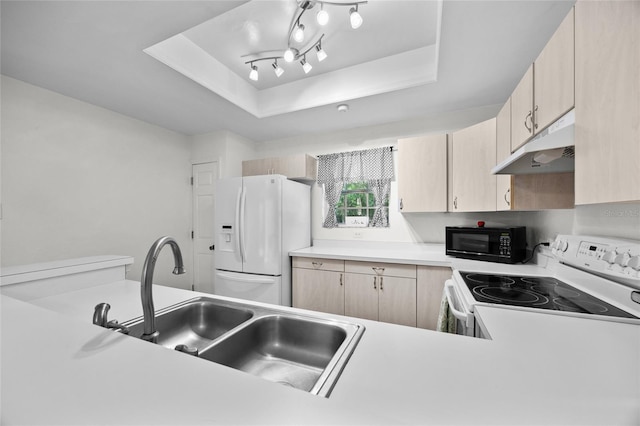 7202 NW 52nd Ter, Gainesville, FL 32653 - kitchen featuring under cabinet range hood, white appliances, a tray ceiling, a sink, and light brown cabinetry