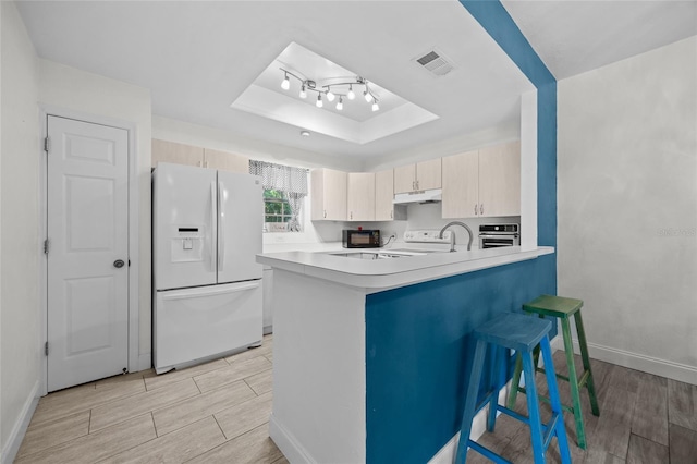 7202 NW 52nd Ter, Gainesville, FL 32653 - kitchen with white fridge with ice dispenser, wood finish floors, a tray ceiling, a peninsula, and light countertops