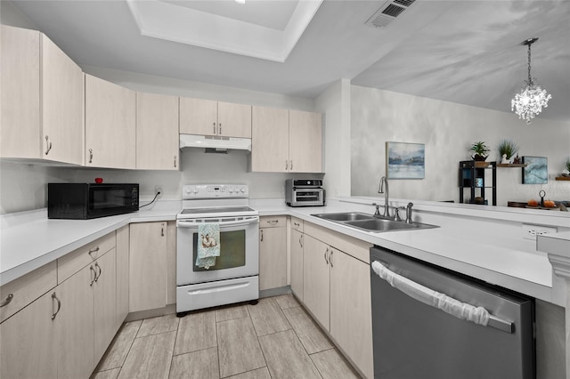 7202 NW 52nd Ter, Gainesville, FL 32653 - kitchen featuring dishwasher, white electric range, a sink, under cabinet range hood, and black microwave