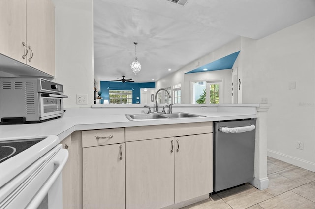 7202 NW 52nd Ter, Gainesville, FL 32653 - kitchen featuring dishwasher, a sink, light countertops, a ceiling fan, and light brown cabinets