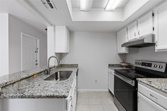 kitchen featuring electric stove, a sink, under cabinet range hood, a peninsula, and white cabinetry