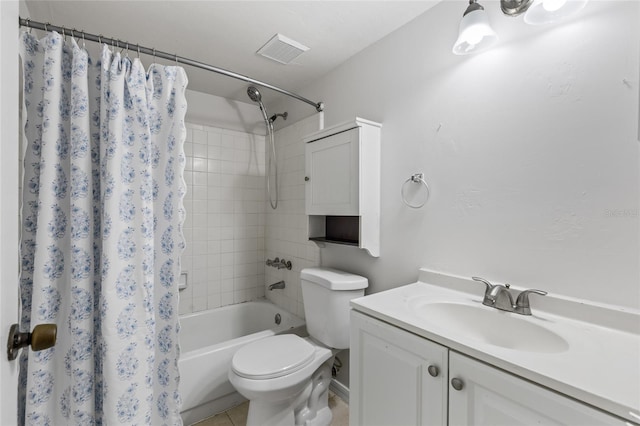 full bath featuring toilet, shower / tub combo, vanity, and tile patterned flooring