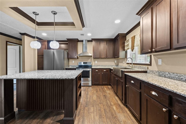 kitchen with stainless steel appliances, wall chimney range hood, a sink, wood finished floors, and a raised ceiling