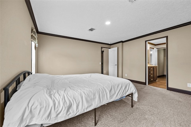 bedroom with crown molding, baseboards, carpet flooring, and recessed lighting