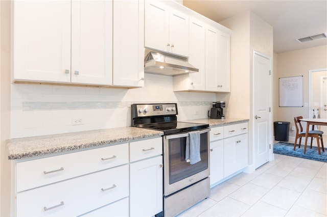 3242 NW 23rd Rd, Gainesville, FL 32605 - kitchen with stainless steel electric range, under cabinet range hood, backsplash, and white cabinetry