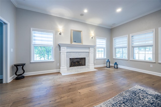 13209 SW 3rd Ln, Newberry, FL 32669 - unfurnished living room featuring wood finished floors, crown molding, a fireplace with flush hearth, baseboards, and recessed lighting