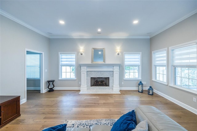 13209 SW 3rd Ln, Newberry, FL 32669 - living room with a fireplace with flush hearth, ornamental molding, wood finished floors, baseboards, and recessed lighting