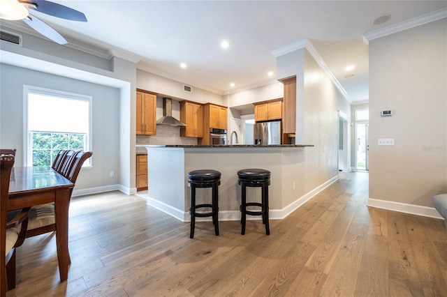 13209 SW 3rd Ln, Newberry, FL 32669 - kitchen featuring wall chimney range hood, stainless steel appliances, plenty of natural light, ceiling fan, and ornamental molding