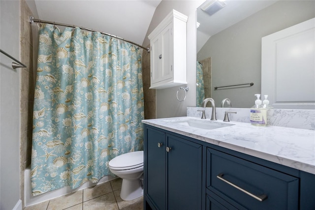 13209 SW 3rd Ln, Newberry, FL 32669 - bathroom with lofted ceiling, tile patterned floors, toilet, vanity, and shower / bath combination with curtain