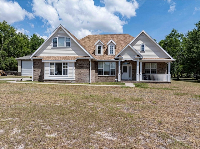 view of front of house with brick siding, covered porch, and a front yard